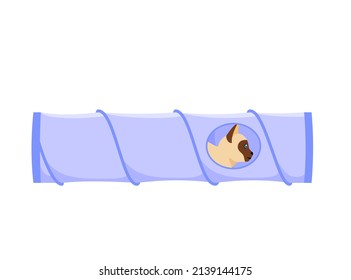 Cat tunnel. Cute siamese cat sits in collapsible toy tube. Hiding and resting place for indoor pet. Flat style vector 