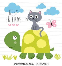 cat and turtle best friends vector illustration