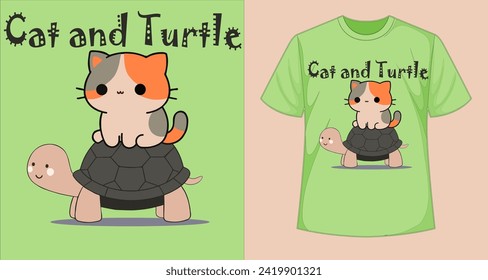 cat and turtle illustration, vertural t-shirt design for various prints