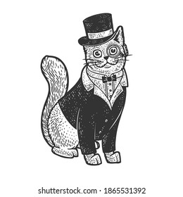 Cat in tuxedo blazer coat top hat and glasses sketch engraving vector illustration. T-shirt apparel print design. Scratch board imitation. Black and white hand drawn image.