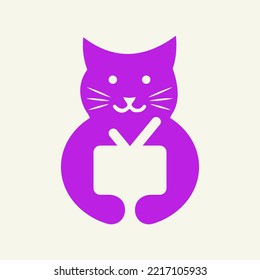 Cat Tv Logo Negative Space Concept Vector Template. Cat Holding Tv Symbol