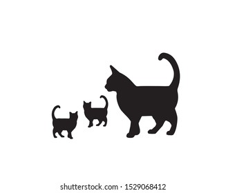 Cat with two little kittens silhouettes, vector. Cute Cats illustration isolated on white background. Wall decals, wall artwork, poster design