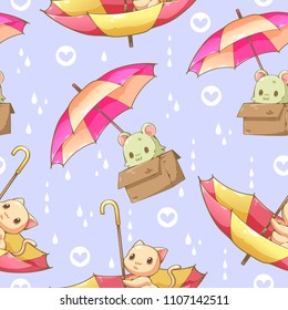 Cat and umbrella cartoon design seamless pattern on purple background vector