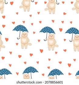 Cat with umbrella and heart seamless pattern. Valentine's day pattern. Cute cartoon love background. Stock vector illustration on a white background.