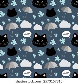Cat, umbrella, jigsaw on gray background, fabric pattern, gift wrapping paper, notebook cover pattern , seamless pattern 