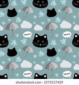 Cat, umbrella, jigsaw on green background, fabric pattern, gift wrapping paper, notebook cover pattern , seamless pattern 