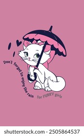 Un gato con un paraguas sobre un fondo rosa