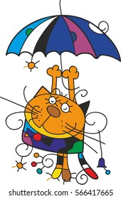 Cat and umbrella. Style graphics with bright local colors.
