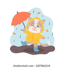 Cat with umbrella under the rain. Autumn character, outdoors activity. Cute seasonal vector illustration in flat cartoon style