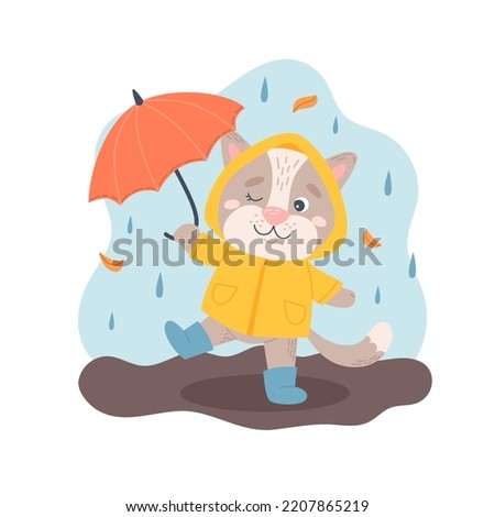 Cat with umbrella under the rain. Autumn character, outdoors activity. Cute seasonal vector illustration in flat cartoon style