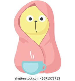 Cat under blanket with coffee cup vector icon