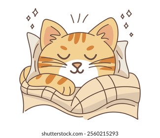 Cat under the covers. Cute Cartoon Cat Sleeping with Stars in a Cozy Bed for a Dreamy Home Theme Illustration. Vector illustration