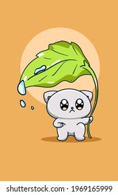 The cat under the leaf animal cartoon illustration
