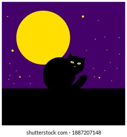 Cat under the moon vector illustration. Cute, line,color sitting on rooftop.