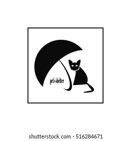 Cat under umbrella logo. Pet's shelter logo design template. Vector illustration.