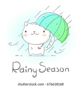 Cat under umbrella and raining in rainy season. Hand draw doodle style create by vector. 