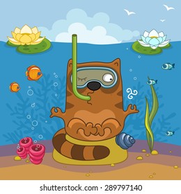 Cat under the water doing yoga and breathing through a tube