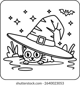 Cat Under Witch Hat Coloring Page