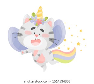 Cat unicorn with blue wings. Vector illustration on a white background.
