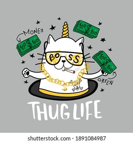 Cat unicorn with boss glasses thug life concept design for clothings, fashion graphics, t shirts, prints, posters and stickers