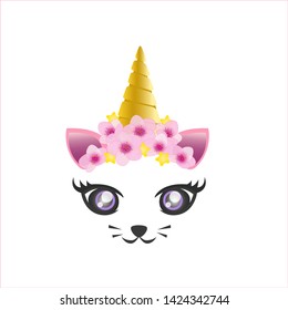 Cat unicorn or catcorn face with eyes open and cherry blossom.