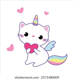 Cat Unicorn Character with Rainbow Tail and Horn Vector Illustration