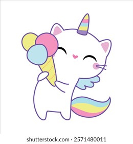 Cat Unicorn Character with Rainbow Tail and Horn Vector Illustration
