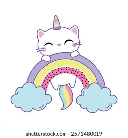 Cat Unicorn Character with Rainbow Tail and Horn Vector Illustration