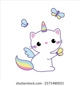 Cat Unicorn Character with Rainbow Tail and Horn Vector Illustration