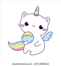 Cat Unicorn Character with Rainbow Tail and Horn Vector Illustration