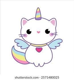 Cat Unicorn Character with Rainbow Tail and Horn Vector Illustration