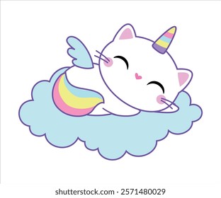 Cat Unicorn Character with Rainbow Tail and Horn Vector Illustration