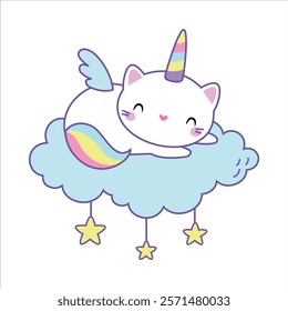 Cat Unicorn Character with Rainbow Tail and Horn Vector Illustration