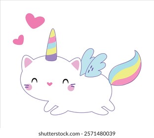 Cat Unicorn Character with Rainbow Tail and Horn Vector Illustration