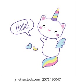 Cat Unicorn Character with Rainbow Tail and Horn Vector Illustration