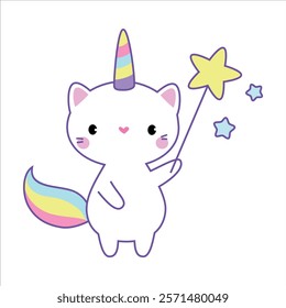 Cat Unicorn Character with Rainbow Tail and Horn Vector Illustration