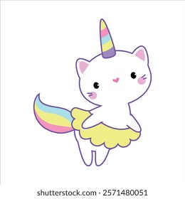 Cat Unicorn Character with Rainbow Tail and Horn Vector Illustration