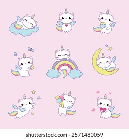 Cat Unicorn Character with Rainbow Tail and Horn Vector Set