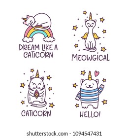 Cat unicorn cute drawings cartoon set. Colorful childish design elements for textile design, kids clothes, prints, posters, decoration. Hand drawn vector illustration.