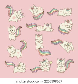 Cat unicorn. Cute little domestic fantasy animals kawaii stylized cats recent vector cartoon characters