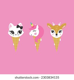 Cat unicorn deer ice cream dessert trendy snack cute face kids room decor poster logo t-shirt design print nursery little sweet kitten bow abstract inspiration sketch baby shower symbol trendy dessert