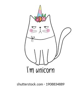Cat unicorn. Funny vector illustration.  Adorable doodle animal. Isolated objects on white background. Good for posters, t shirts, postcards.