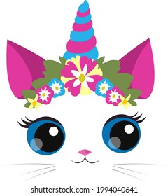 Cat with unicorn horn and flowers. Cute cat with flowers on his head.