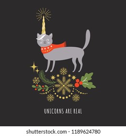 cat with unicorn horn, greeting card б vector illustration, card and shirt design