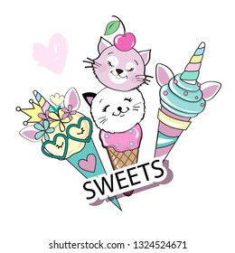 Cat unicorn ice cream on a white background