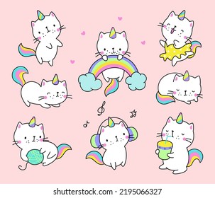 Cat unicorn  Kawaii cats  fun unicorns kitty characters  Pastel cute animals and rainbow   drinks  dreaming caticorn pet baby nowaday vector stickers