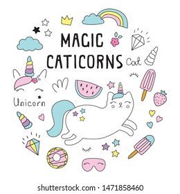 Cat unicorn kit. Vector illustration, with the image of a magical, fairy-tale character and text, for printing on a postcard, clothes, fabric, packaging, dishes, Wallpaper. Cute baby background.