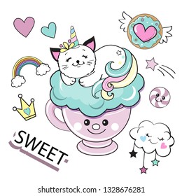 Cat unicorn lies in a cup on a white background