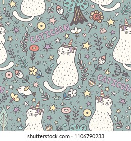 Cat unicorn magic seamless pattern. Cute caticorn background. Vector illustration