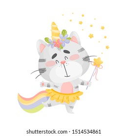 Cat unicorn with a magic wand. Vector illustration on a white background.